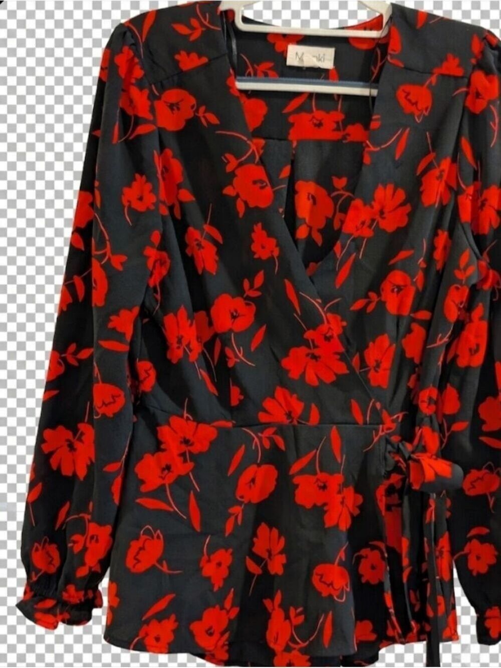 Meraki Black Red Floral Faux Wrap V Neck Long Sleeve Blouse Medium